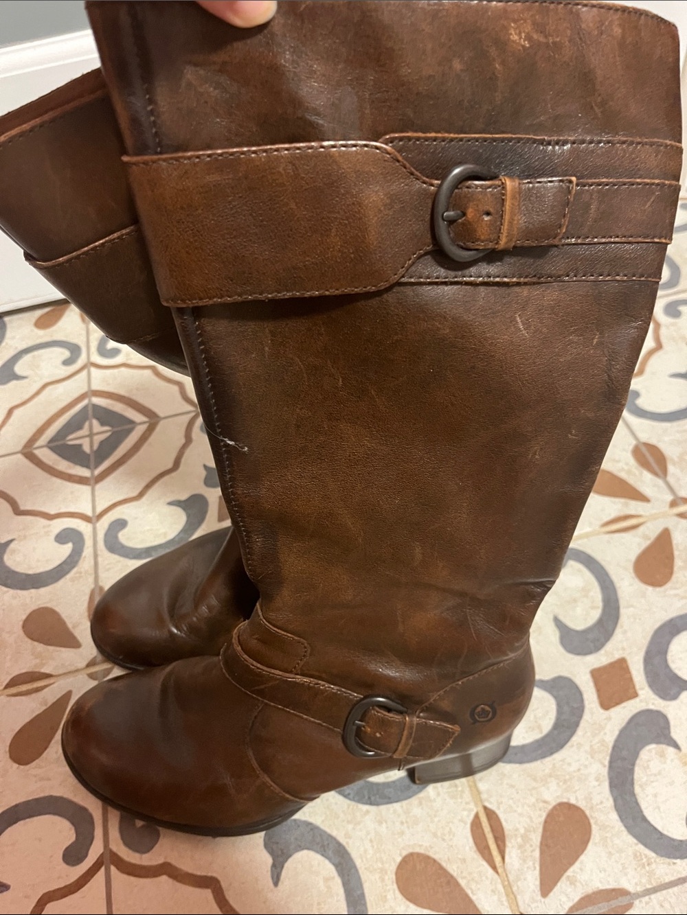 Born Brown Leather Mid-Calf Riding Boots with Buckle Detail
